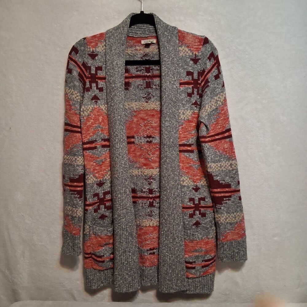 Lucky Brand M Cardigan Sweater Gray Pink Long Line Aztec Southwest Western Ranch
